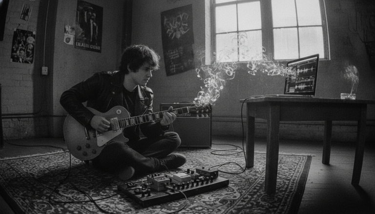 a guitar player plugged into a laptop, music notes flow like smoke through the air as AI learns from his sound. He is considering consent and compensation for the music AI learned from