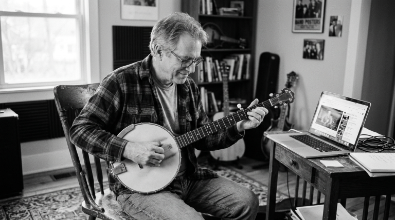 black and white photo of a man in his 60s improvising on banjo playing in a new key