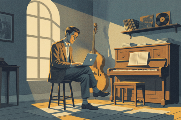 Illustration of a young man in a music room with a laptop on his lap, considering the next generation of AI musical influence