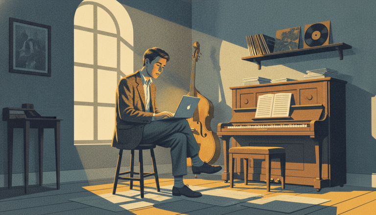 Illustration of a young man in a music room with a laptop on his lap, considering the next generation of AI musical influence
