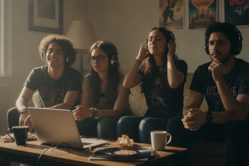 Four friends wearing headphones sit on a couch around a laptop, sharing a music session.