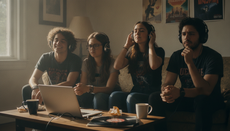 Four friends wearing headphones sit on a couch around a laptop, sharing a music session.