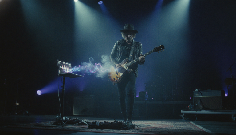 Music, meaning & AI: A guitarists performing live on stage with a laptop AI companion