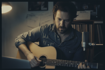Creative engagement: a young man playing acoustic guitar in his home studio, working with an AI program