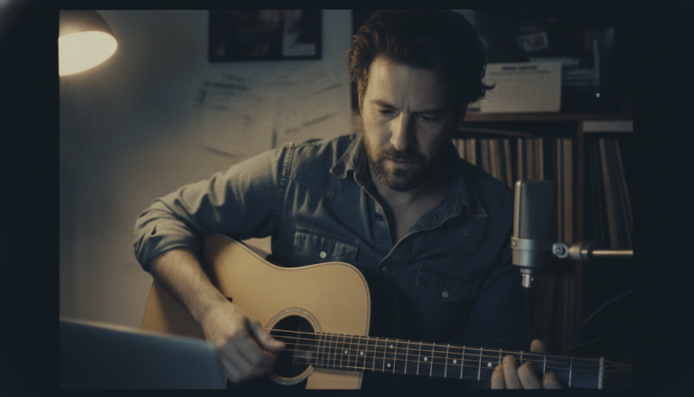 Creative engagement: a young man playing acoustic guitar in his home studio, working with an AI program