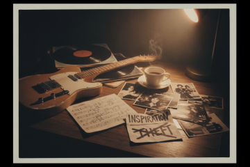 an electric guitar sits on a working musicians table with notes of inspiration and artistic voice
