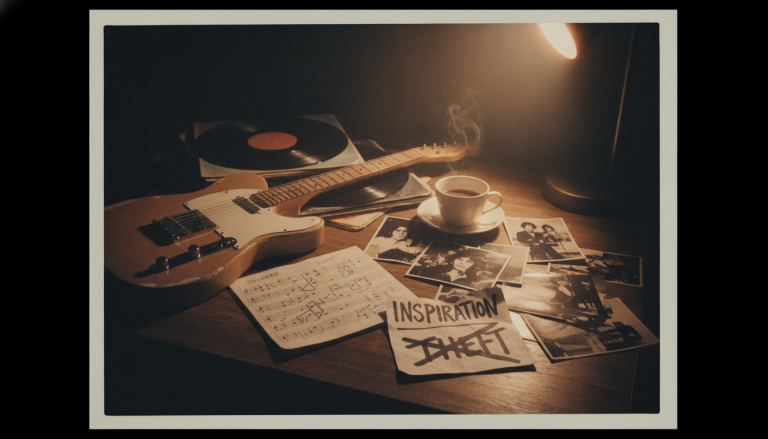 an electric guitar sits on a working musicians table with notes of inspiration and artistic voice