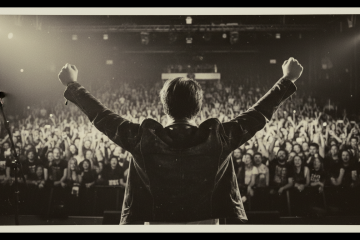 a musical performer with raised hands after a song, with a cheering audience proving he's worth listening to after experimenting with AI
