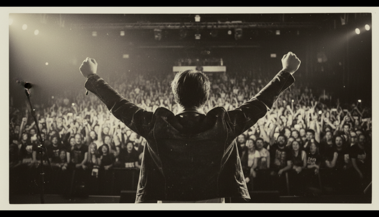 a musical performer with raised hands after a song, with a cheering audience proving he's worth listening to after experimenting with AI