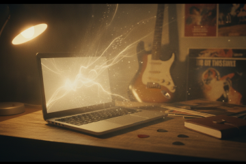 AI changing music: A laptop sends out lightning bolts in a home music studio