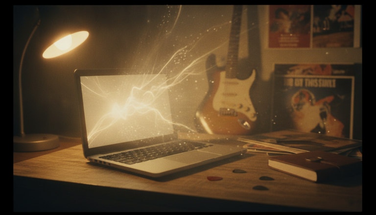 AI changing music: A laptop sends out lightning bolts in a home music studio
