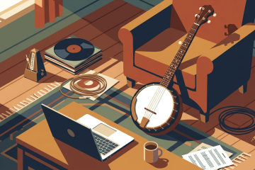 an illustration of a banjo in a practice setting, ready for lick substitution improv