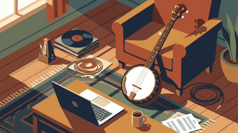 an illustration of a banjo in a practice setting, ready for lick substitution improv