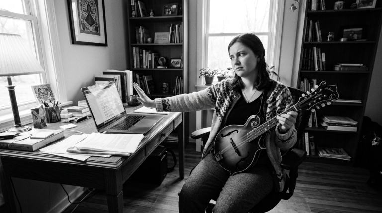 a woman rejects her laptop as she plays mandolin in her home office, skeptical of the technology after asking musicians about AI