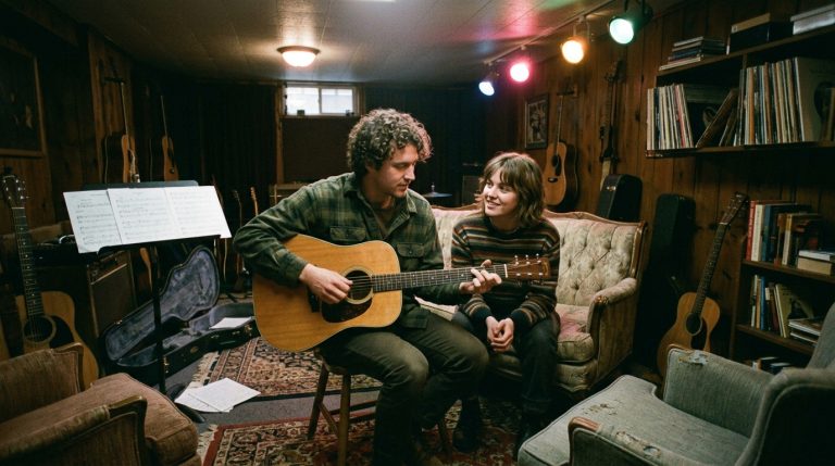 a young man plays guitar with a female friend, demonstrating relaxed guitar poster