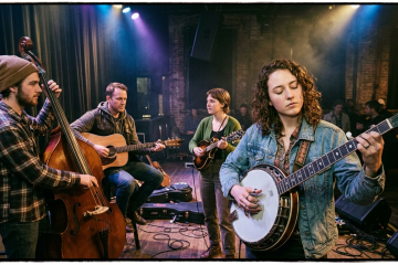 A young female demonstrates advanced banjo improvisation with her band behind her