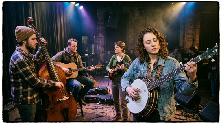 A young female demonstrates advanced banjo improvisation with her band behind her
