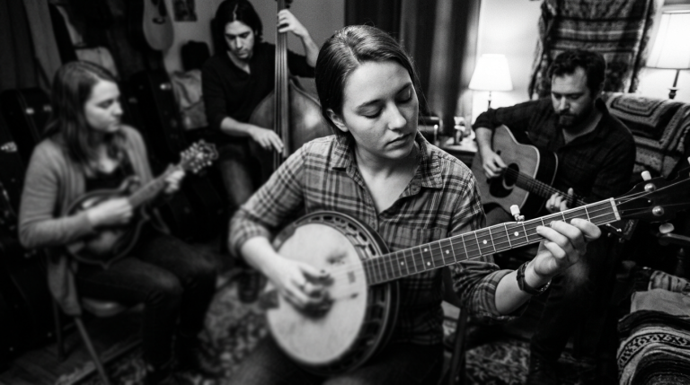 a young female in a jam session demonstrating how to start improvising on banjo