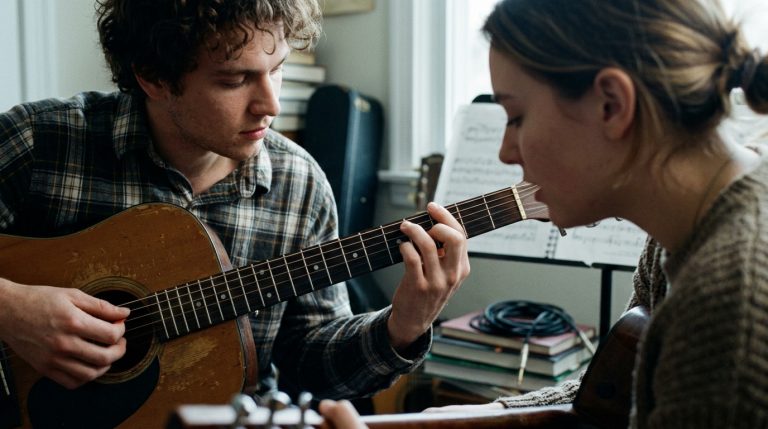 a young man and woman jamming together in a practice room, demonstrating comfortable, relaxed arm posture