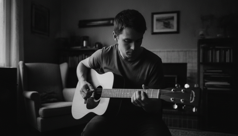 black and white photo of a young man playing acoustic guitar in his bedroom, looking down at his left hand - to illustrate a common neck posture