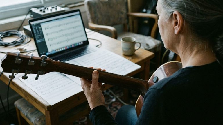 woman guitar player practicing in a home office working on technique routine warm ups