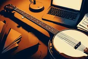 an illustration of a banjo and a laptop, ready for a player to learn from this blog series to improvise on banjo