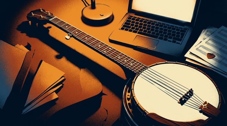 an illustration of a banjo and a laptop, ready for a player to learn from this blog series to improvise on banjo