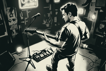 stencil art pic of a guitar player with relaxed shoulder posture