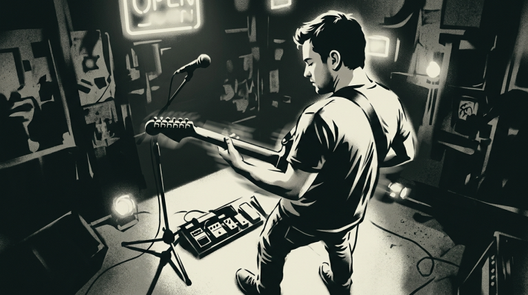 stencil art pic of a guitar player with relaxed shoulder posture