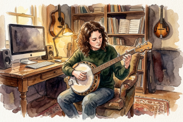 watercolor image of a young woman with a banjo in her hands learning an instrument