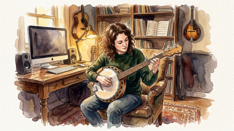 watercolor image of a young woman with a banjo in her hands learning an instrument