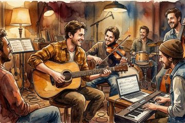 watercolor image of a flatpicker in a small acoustic jam all working to learn a song melody by ear