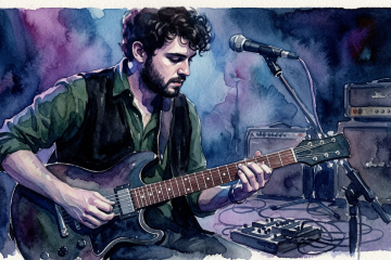 watercolor painting of a young man playing guitar confidently displaying good core posture