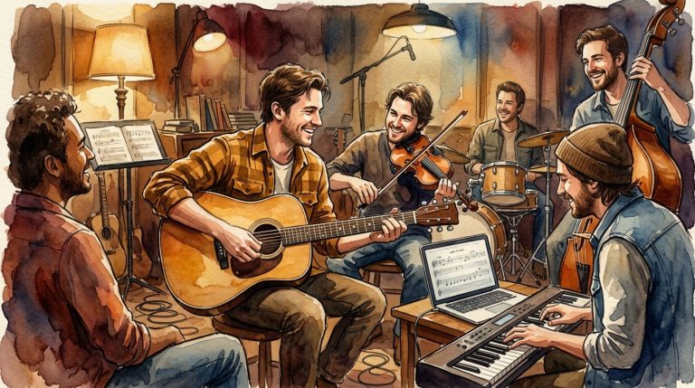watercolor image of a flatpicker in a small acoustic jam all working to learn a song melody by ear