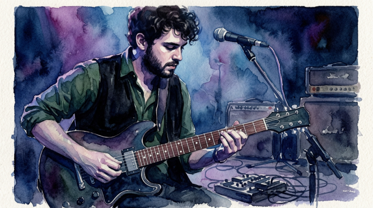 watercolor painting of a young man playing guitar confidently displaying good core posture