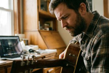a man practices How to Pick Guitar Strings on his acoustic guitar in his home office