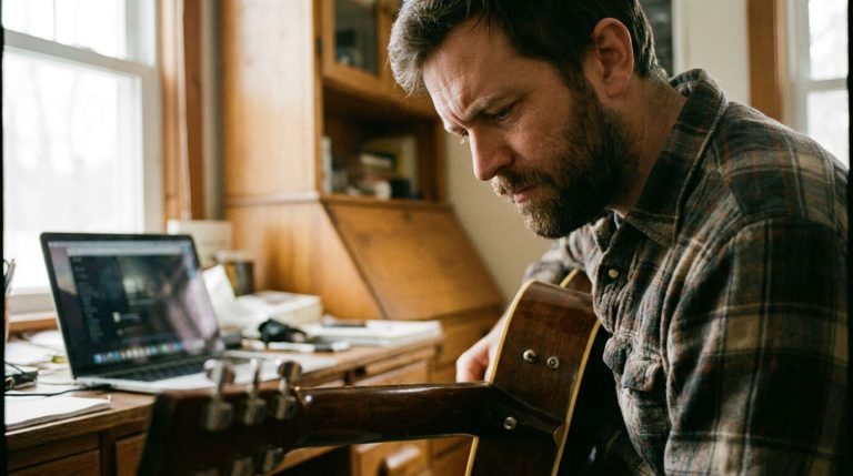 a man practices How to Pick Guitar Strings on his acoustic guitar in his home office