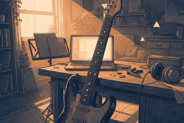 illustration of a guitar practice station, awaiting the player to memorize a song on guitar