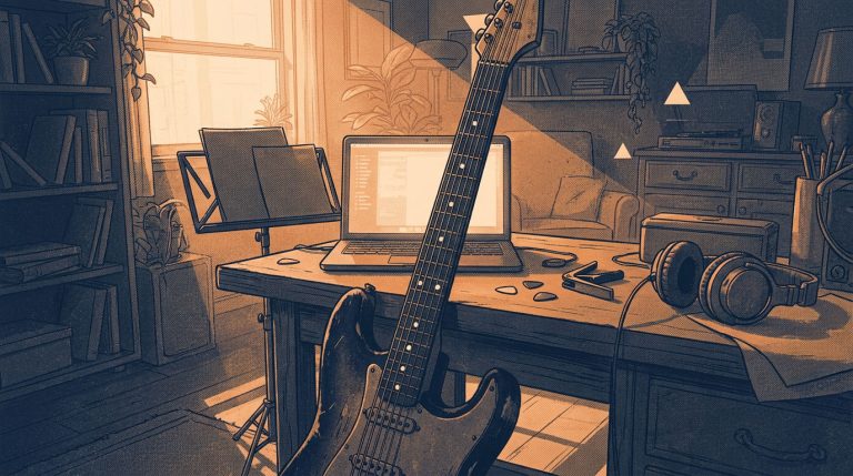 illustration of a guitar practice station, awaiting the player to memorize a song on guitar