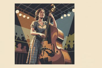 an artistic rendering of a female bass player playing a bluegrass waltz