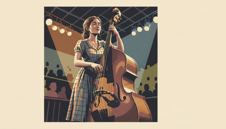 an artistic rendering of a female bass player playing a bluegrass waltz