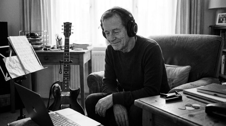a guitar player in his 60's focused intently to listen to a song through headphones