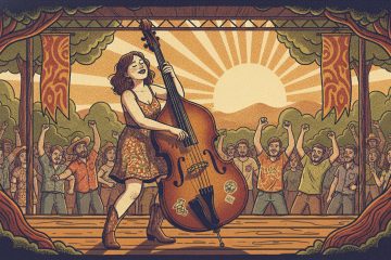 cartoon image of a female bass player playing a slow waltz on an outdoor festival stage