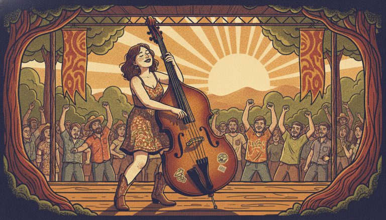 cartoon image of a female bass player playing a slow waltz on an outdoor festival stage
