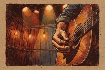 a hatchprint poster of a guitar player's closeup picking hand posture