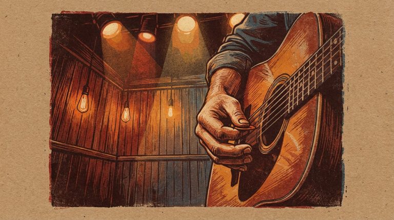 a hatchprint poster of a guitar player's closeup picking hand posture