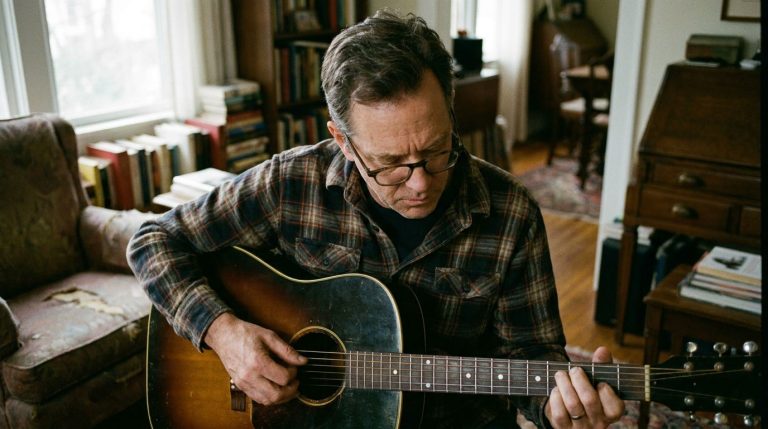 A man in his 50s practices his upstroke technique on acoustic guitar in his home office