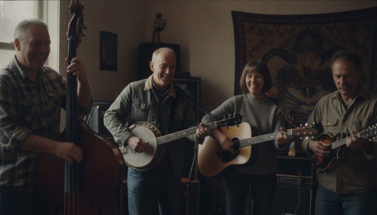 a small jam group practices in a home living room, the bass player demonstrates walking bass lines in 3/4 time as they jam on a waltz