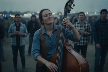 a young woman playing upright bass in a jam circle at a festival, feeling the groove of her bass timing practice