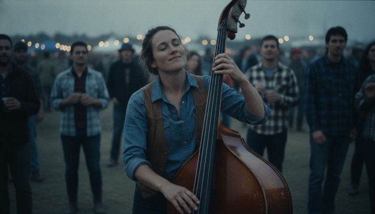 a young woman playing upright bass in a jam circle at a festival, feeling the groove of her bass timing practice